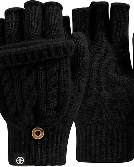 Winter Fingerless Gloves for Women Men Warm Knitted Convertible Mittens Flap Cover