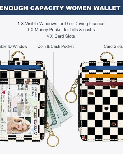 Slim Wallet Credit Card Holder, Checkered Pattern And Cake, RFID Wallet Women Cute Small Front Pocket Wallet With Zipper, PU Leather Thin travel RFID Blocking Card Case ID Window ,Ladies Gifts