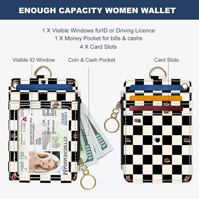Slim Wallet Credit Card Holder, Checkered Pattern And Cake, RFID Wallet Women Cute Small Front Pocket Wallet With Zipper, PU Leather Thin travel RFID Blocking Card Case ID Window ,Ladies Gifts