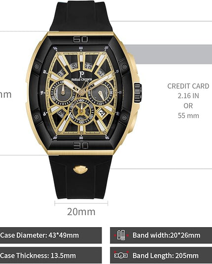 Paras Crown Watches for Men Tonneau 5ATM Waterproof Quartz Luxury Chronograph Analog Men's Wrist Watches Stainless Steel Case Mens Watches