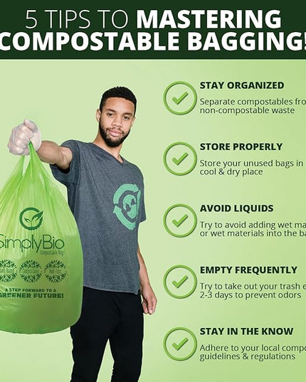 Simply Bio 13 Gallon Compostable Trash Bags Liners with Handle-Tie, Thick 0.87 Mil, 49.21 Liter, 30 Bags, Tall Kitchen Food Scrap Waste Bag, ASTM D6400, US BPI and OK Compost Home Certified