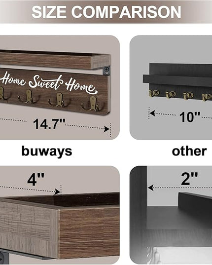 buways Wall-Mounted Key and Mail Holder, Wooden Key Rack with 4 Double Key Hooks, Rustic Home Decor for Entryway