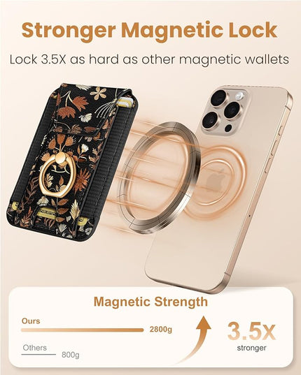 Shorogyt Compatible with Magsafe Wallet with Grip Magnetic Card Holder - Cute Phone Wallets with Ring Stand Grip for iPhone 17/16/15/14/13/12 Series for Women Girls Black Leaves Design, Fit 7 Cards