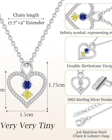 LOUISA SECRET Infinity Double Birthstone Necklace, 925 Sterling Silver Tiny Pendant Heart Necklace for Women Wife Her, Best Jewelry Gift Heart Jewelry Meaningful Gift for Valentine's Day, Christmas, Birthday Anniversary