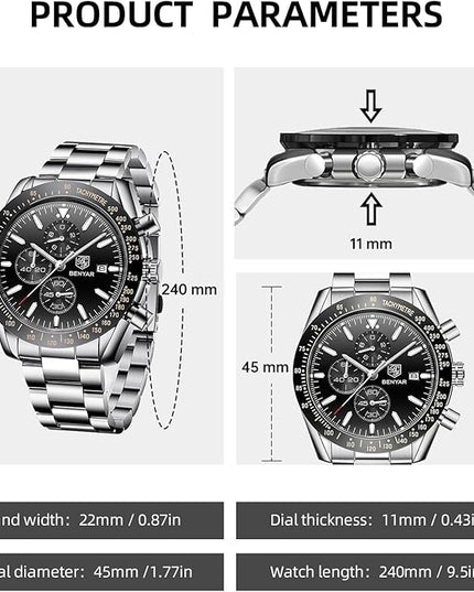 BY BENYAR Watch for Men Analog Quartz Chronograph Waterproof Luminous Designer Mens Wrist Watches Business Work Sport Casual Dress Watch with Silicone Strap Elegant Gifts for Men