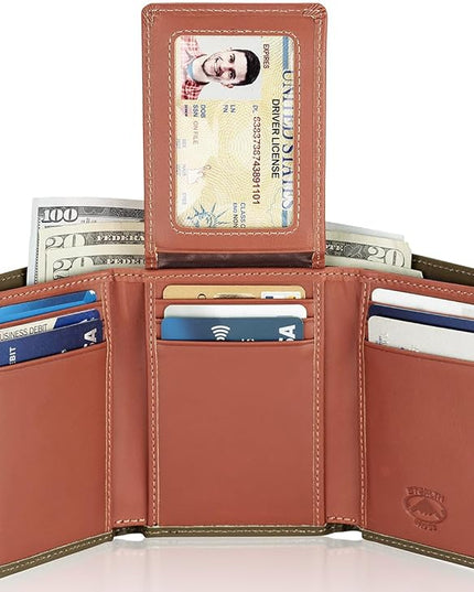 Stealth Mode Trifold Wallet - RFID Blocking Wallet with Flip ID Holder - Leather Case for Money, Credit Cards - Mens Organizer, Divided Billfold, Identity Protection - Men's Gifts (Camo)