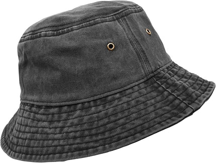 Bucket Hat, Wide Brim Washed Denim Cotton Outdoor Sun Hat Flat Top Cap for Fishing Hiking Beach Sports