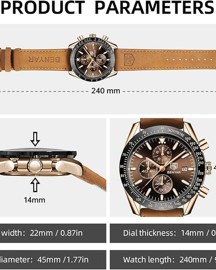 BY BENYAR Watch for Men Analog Quartz Chronograph Waterproof Luminous Designer Mens Wrist Watches Business Work Sport Casual Dress Watch with Silicone Strap Elegant Gifts for Men