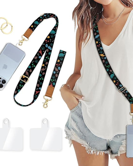 Phone Lanyard Crossbody Wrist Strap, Cute Dinosaur Cell Phone Lanyards for Around the Neck Wristlet Shoulder, Adjustable Strap for Car Keys Keychain Wallet ID Badge Black