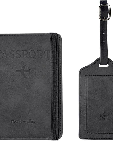 Luggage Tag and Passport Holder Set,Passport Cover with Card Slot and Boarding Pass Slot Combo,Passport Travel Must Have, Waterproof and Scratch Resistant Travel Accessories（Black）