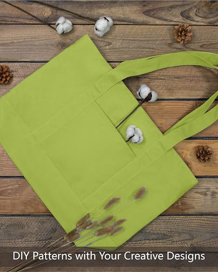 TOPDesign 3-Pack Canvas Tote Bags with an External Pocket, Reusable Grocery Shopping Bags, Top Zipper Closure, Daily Essentials (Light Green)