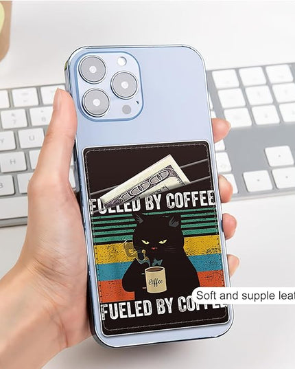 Phone Card Holder, Dual Pocket Leather Wallet Adhesive Stick On, Cute Credit Card Holder for Smartphones Case Compatible with Most Phone（Cat drinking coffee）