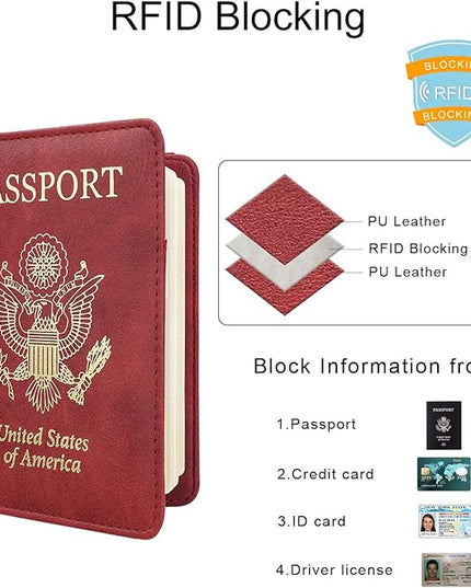WALNEW Passport Holder for Travel, RFID Passport Cover Wallet for Women Men, PU Leather Passport Book Card Holder Case with Pen, Travelling Essentials for Flying