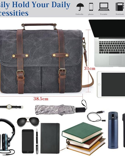 Mens Messenger Bag 15.6 Inch Waterproof Vintage Genuine Leather Waxed Canvas Briefcase Large Satchel Shoulder Bag Rugged Leather Computer Laptop Bag, Grey
