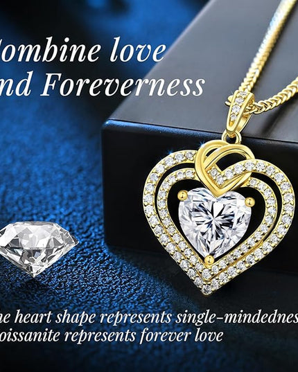 OOBEE Moissanite Heart Necklaces for Women, 1- 4 Carat Moissanite 925 Sterling Silver Gold Plating Fine Women Necklace，Ideal Anniversary Birthday Christmas Valentine Mothers Day Jewelry Gifts for Mom Wife Her Girlfriend