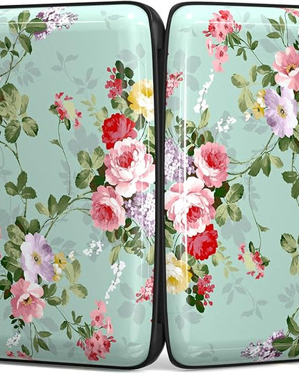 Atufsuat Credit Card Holder, Mini Aluminum Card Wallet RFID Blocking Slim Metal Hard Card Case for Women Men, Green Flowers