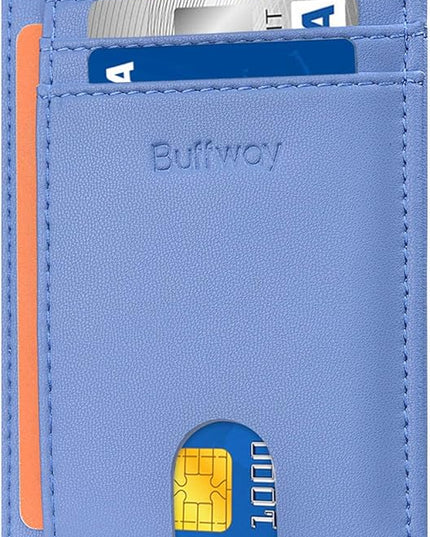 Buffway Slim Minimalist Front Pocket RFID Blocking Leather Wallets for Men and Women - Sand Wathet Blue
