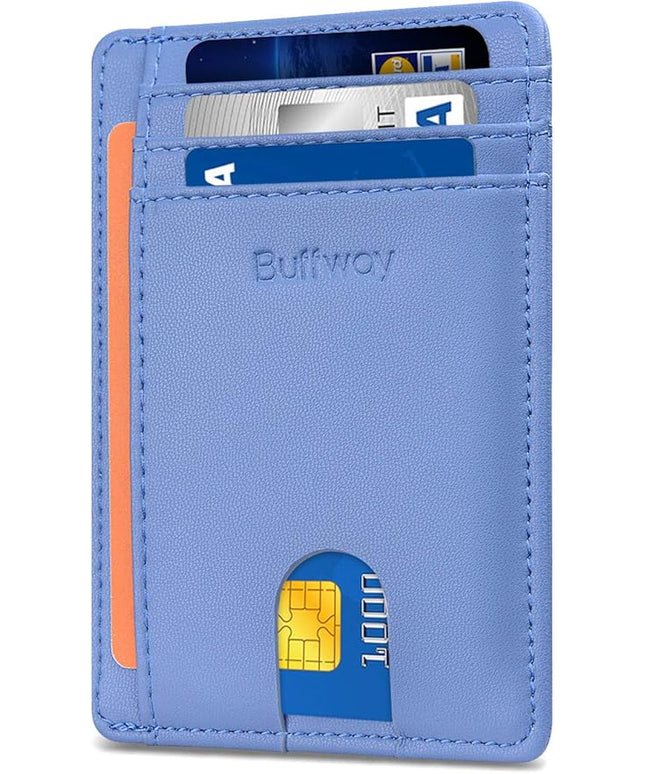 Buffway Slim Minimalist Front Pocket RFID Blocking Leather Wallets for Men and Women - Sand Wathet Blue