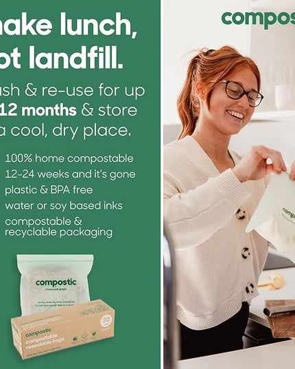 Compostic Home Compostable Resealable Snack Size Bags, Microwave & Freezer Safe, Organic Food Storage Container, 90 Count + 10 Bonus Bags
