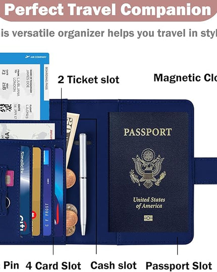HOTCOOL Passport Holder Travel Essentials Airplane & Cruise Essentials Ship Leather Wallet Cover Case RFID Blocking Women & Men Vacation Travel Accessories Gifts Deals, Litchi - Navy Blue
