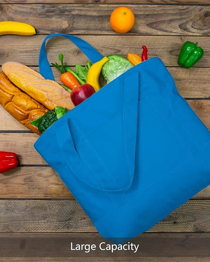 TOPDesign 1-Pack Canvas Tote Bag with an External Pocket, Reusable Grocery Shopping Bag, Top Zipper Closure, Daily Essentials (Ocean Blue)