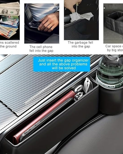Car Seat Gap Filler Organizer with Cup Holders, Seat Gap Storage Box for Drinks, Phones, Keys, Sunglasses, Cards, and Small Essentials (Beige, Passenger Seat)