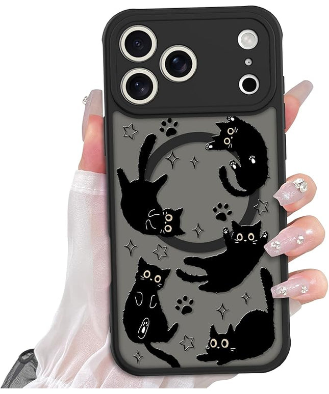 Cute Magnetic Case for iPhone 17 Pro Case [ Compatible with MagSafe ] with Black Cats Cat Pattern Design for Women Girls Boys, Soft Bumper Hard Back Kawaii Animal Protective Phone Cover