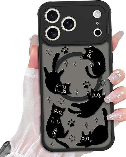 Cute Magnetic Case for iPhone 17 Pro Max Case [ Compatible with MagSafe ] with Black Cats Cat Pattern Design for Women Girls Boys, Soft Bumper Hard Back Kawaii Animal Protective Phone Cover