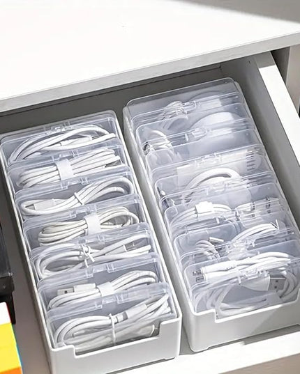 Cable Organizer Storage Box with 7 Wire Ties and Label Stickers,Desktop Cable Management Box with Switch, Power Cord Organizer for Office,Home,Desk Accessories Storage Stationery Supplies（Clear）