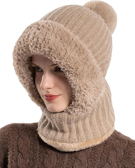 HUAMULAN Women Winter Beanie Hats One Piece Fleece Lined Knit Balaclavas Mask Set Skull Neck Circle Scarf Ski Snow Hat Pompom