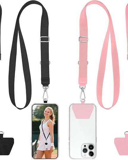 takyu Phone Lanyard, 2 Pack Adjustable Anti-Drop Neck/Wrist Strap with 2 Pcs Tether Patches, Secure Hands-Free Compatible for iPhone Samsung Perfect for Nurses, Teachers, Travel, Hiking Black+Pink