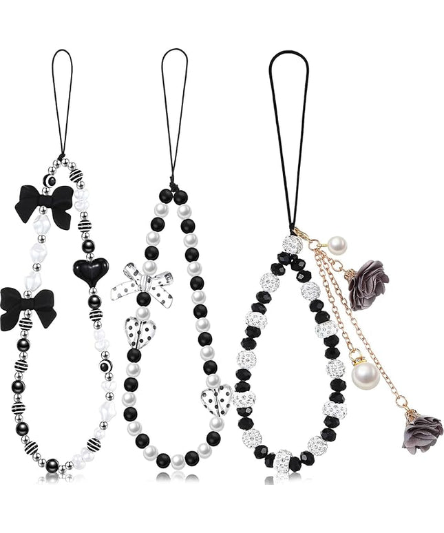 Ecally 3 Pcs Phone Charms Strap Camera Charm Strap Pearl Beaded Butterfly Bow Flower Cute Phone Wrist Lanyard Bracelet for Camera Keychain Wallet Decor Christmas New Year Gifts