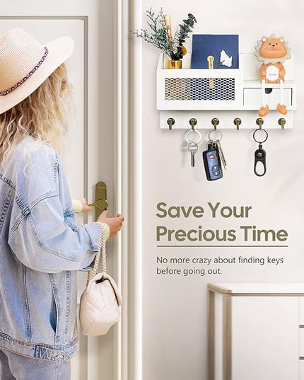FifthQuarter Key and Mail Holder for Wall, Mail Organizer Wall Mount with 6 Hooks and Storage Drawer, Easy Installation Key Rack for Entryway and Home Decor (B-White)