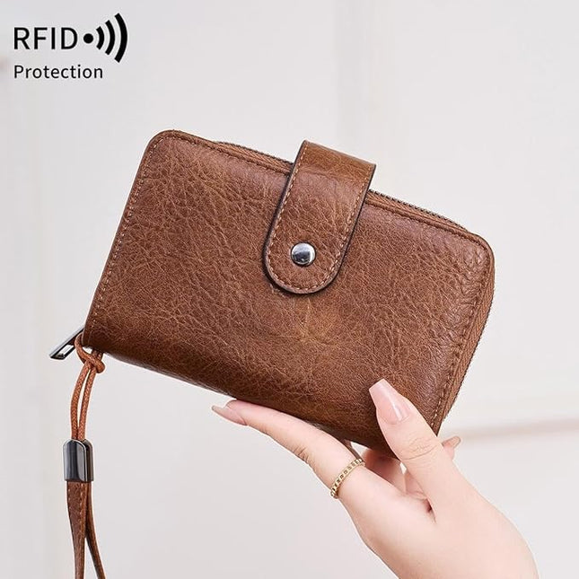 Genuine Leather Women's Wallet with Large Capacity Double Zip Around Design RFID Blocking Credit Card Holder and Wristlet Purse Black (Black)