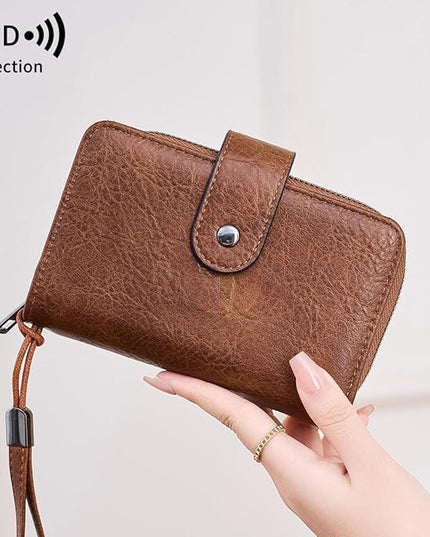 Genuine Leather Women's Wallet with Large Capacity Double Zip Around Design RFID Blocking Credit Card Holder and Wristlet Purse Black (Peacock Blue)