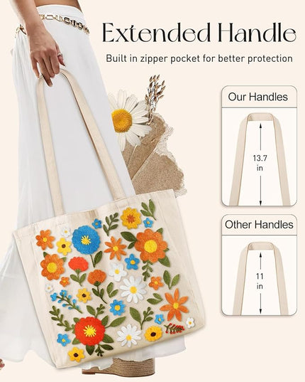Embroidery Canvas Tote Bag for Women - Reusable Totes with Pocket & Buckle Aesthetic Cute Grocery Shoulder Bag