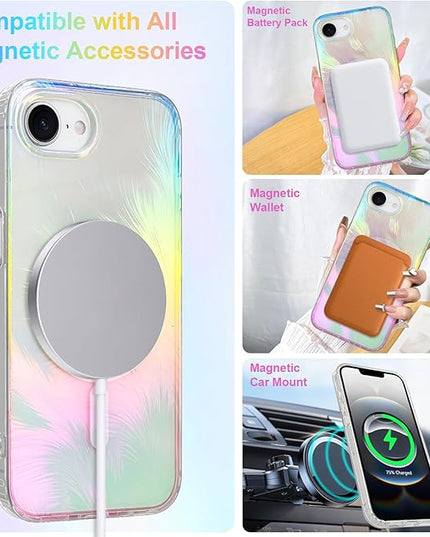 Glitter Case for iPhone 16e Case for Women Girls [ Compatible with Magsafe ] Clear Cute Aesthetic Girly Iridescent Feather Sparkly Bling Magnetic Phone Cover, Gradient Blue & Pink