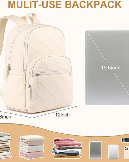College Laptop Backpack for Women, School Backpack for Girls, Quilted Casual Daypack, Water-Resistant Bookbag for 15.6 Inch Laptop, Beige