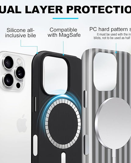 Magnetic for iPhone 16 Pro Max Case Cute Stripes Phone Case, Shockproof Slim TPU and Hard PC Protective Phone Cover Compatible with MagSafe Designed for Women Girls, Gray