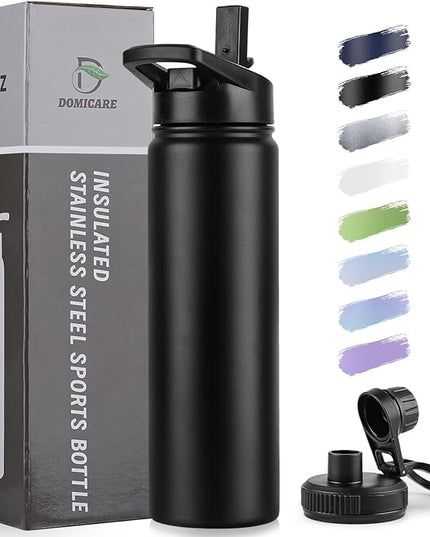 DOMICARE Insulated Water Bottle, 22 oz Vacuum Insulated Stainless Steel Reusable Sports Bottle with Straw Lid & Spout Lid for Travel, Camping, Bike, Leakproof, Black, 1 Pack