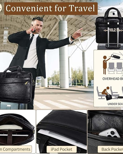 Faux Leather Messenger Bag for Men 17-17.3 Inch: Laptop Bag Briefcase Computer Handbags Shoulder Crossbody Bag with Padded Laptop Sleeve for Work College Travel, PU Black