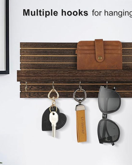 Lwenki Decorative Key Holder for Wall with Shelf, Entryway Shelf with Hooks Holds Leashes, Jackets and Glasses – Sturdy Wood Keyholder Entrance Hanger with Mounting Hardware (Brown, Medium)