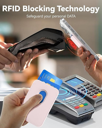 Magnetic Wallet Cell Phone Card Holder for Phone Case, Stronger Magnetic RFID Leather Phone Wallet Stick on Series of iPhone 17/16/15/14/13/12 and Pro/Promax, Light Pink