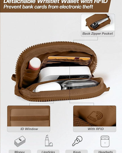 Clip and Go Strap for Phone with Wallet Crossbody Phone Lanyard Adjustable and Detachable RFID Wristlet Wallet with ID Window and Zipper, Brown