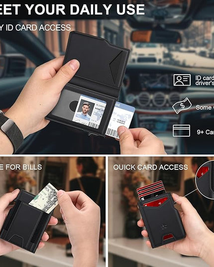 Wallet for Men Wallet with Slim Pop Up Card Holder 9-13 Cards, Bifold Minimalist Smart Wallet RFID Blocking Credit Card Holder with ID Window & Stretchable Cash Slot Compact Metal Aluminum Card Case