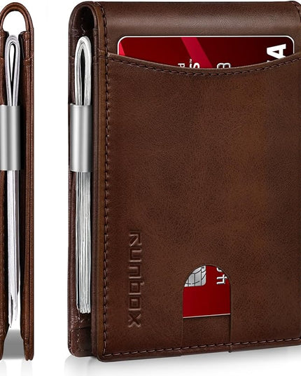 RUNBOX Slim Money Clip Wallets for Men RFID Blocking 11 Card Holder Minimalist Small Leather Bifold Men's Front Pocket Wallet Gift Box
