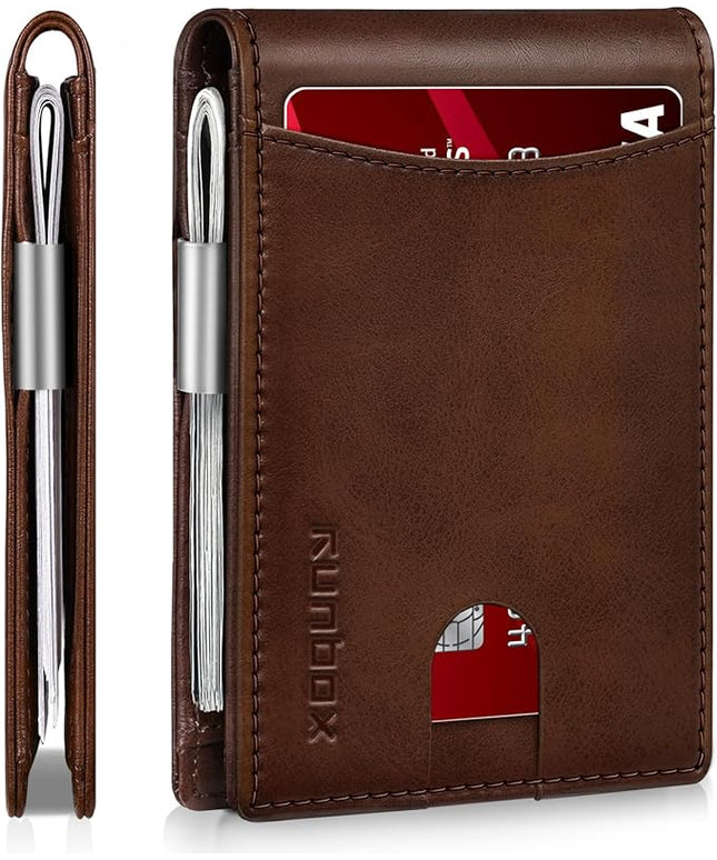 RUNBOX Slim Money Clip Wallets for Men RFID Blocking 11 Card Holder Minimalist Small Leather Bifold Men's Front Pocket Wallet Gift Box