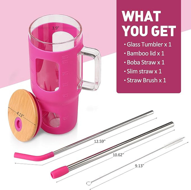 Glass Tumbler with Straw & Lid, 32 oz Glass Cup with Handle, Water Bottle with Time Marker - Pearl Straw & Silicone Protective Sleeve - Rose Red
