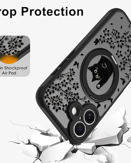 Cute Case for iPhone 17 Case with Stand [ Compatible with MagSafe ] Kawaii Black Cat & Floral & Butterflies Pattern Design 360 Magnetic Ring Kickstand Phone Cover for Women Girls Boys