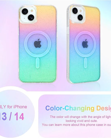 Glitter Case for iPhone 13 & 14 Case for Women Girls [ Compatible with Magsafe ] Clear Cute Girly Aesthetic Iridescent Rainbow Sparkly Bling Magnetic Phone Cover, Gradient Blue & Pink